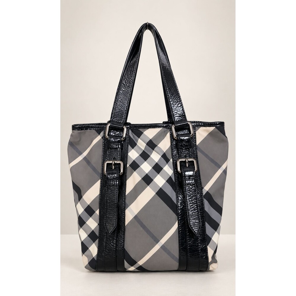 Vintage Burberry Black Gray Plaid Beat Satchel Tote Bag Patent Leather Handles